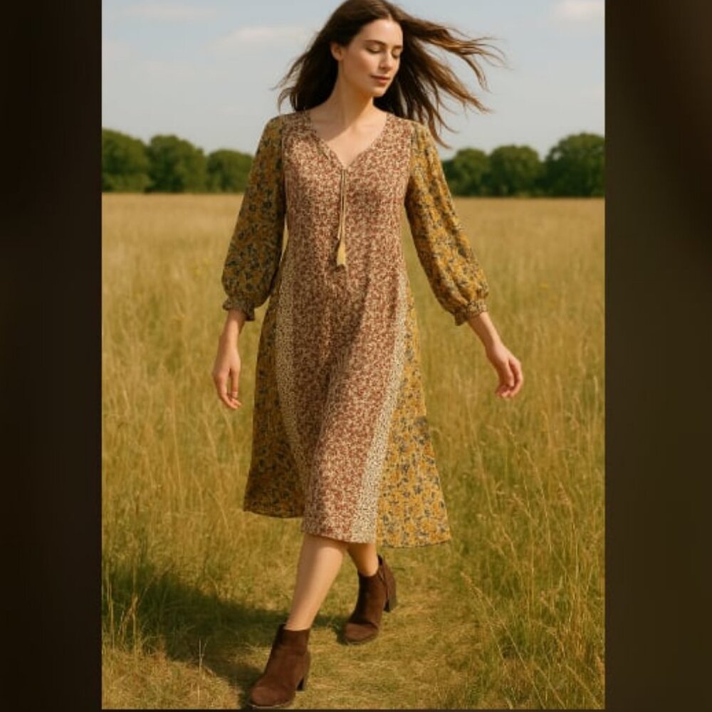New GI GIO Bohemian Ditsy Patchwork Dress Tassel Tie Neck Balloon Sleeves M
